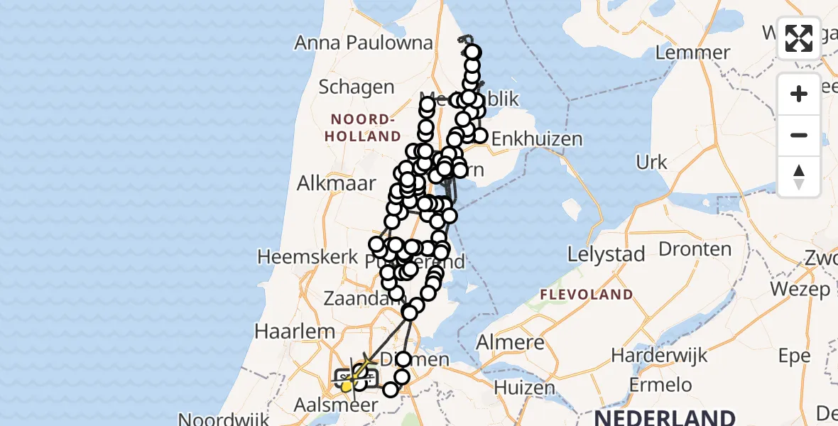 Routekaart van de vlucht: Politieheli naar Schiphol