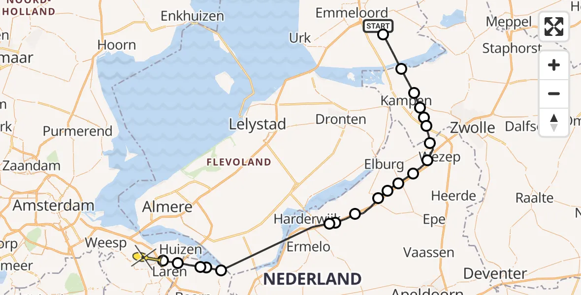 Routekaart van de vlucht: Politieheli naar Bussum