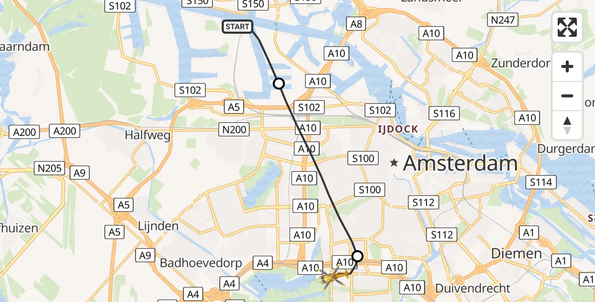 Vluchtroute Traumahelikopter Amsterdam Heliport - VU Medisch Centrum Amsterdam, 07 juli 2022, 01:18