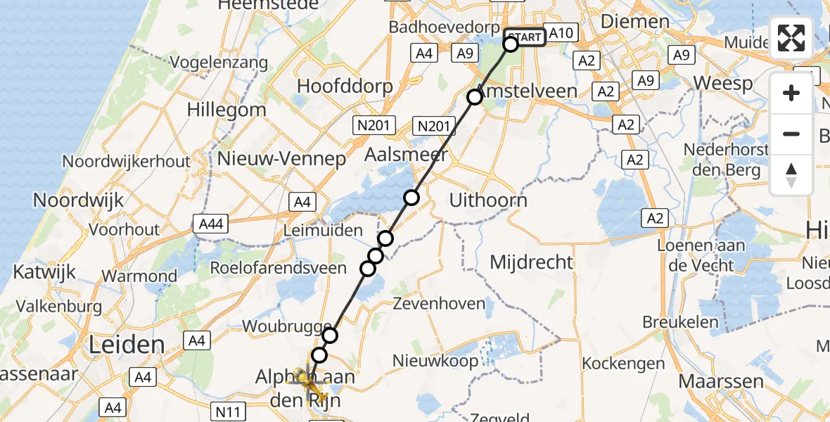 Vluchtroute Traumahelikopter VU Medisch Centrum Amsterdam - Alphen aan den Rijn, 07 juli 2022, 04:16