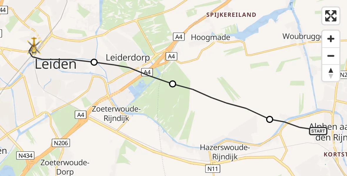 Vluchtroute Traumahelikopter Alphen aan den Rijn - Leiden, 07 juli 2022, 04:44