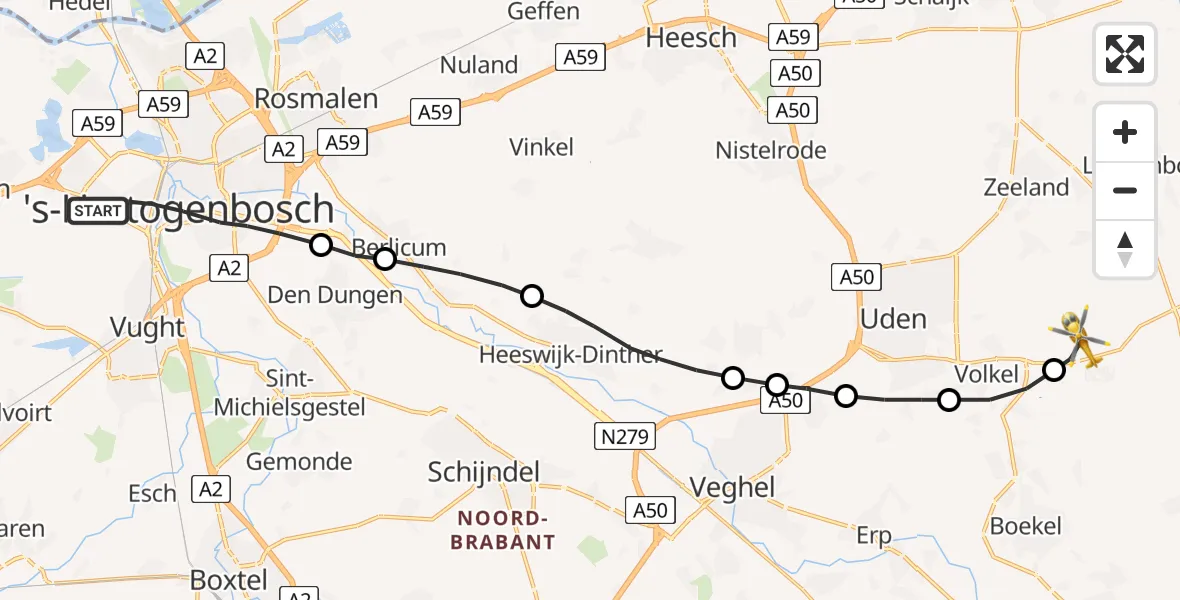 Vluchtroute Traumahelikopter 's-Hertogenbosch - Vliegbasis Volkel, 07 juli 2022, 04:55