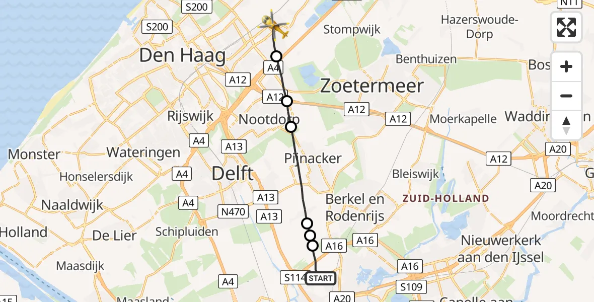 Vluchtroute Traumahelikopter Rotterdam The Hague Airport - Leidschendam, 07 juli 2022, 06:42