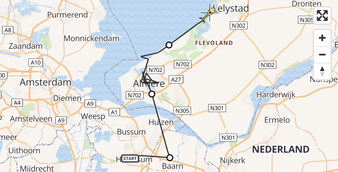 Routekaart van de vlucht: Politieheli naar Lelystad