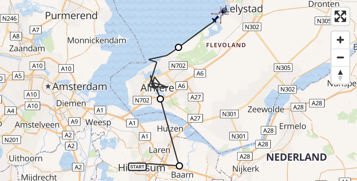 Vluchtroute Politiehelikopter Hilversum - Lelystad, 07 juli 2022, 07:48