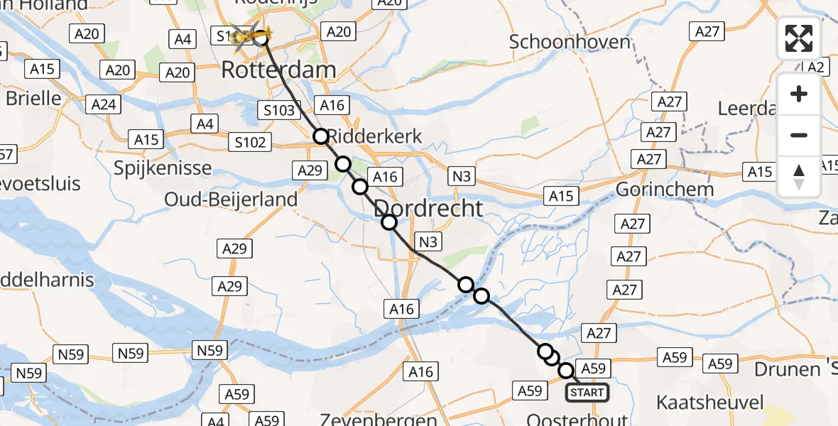 Vluchtroute Traumahelikopter Oosterhout - Rotterdam The Hague Airport, 07 juli 2022, 07:58