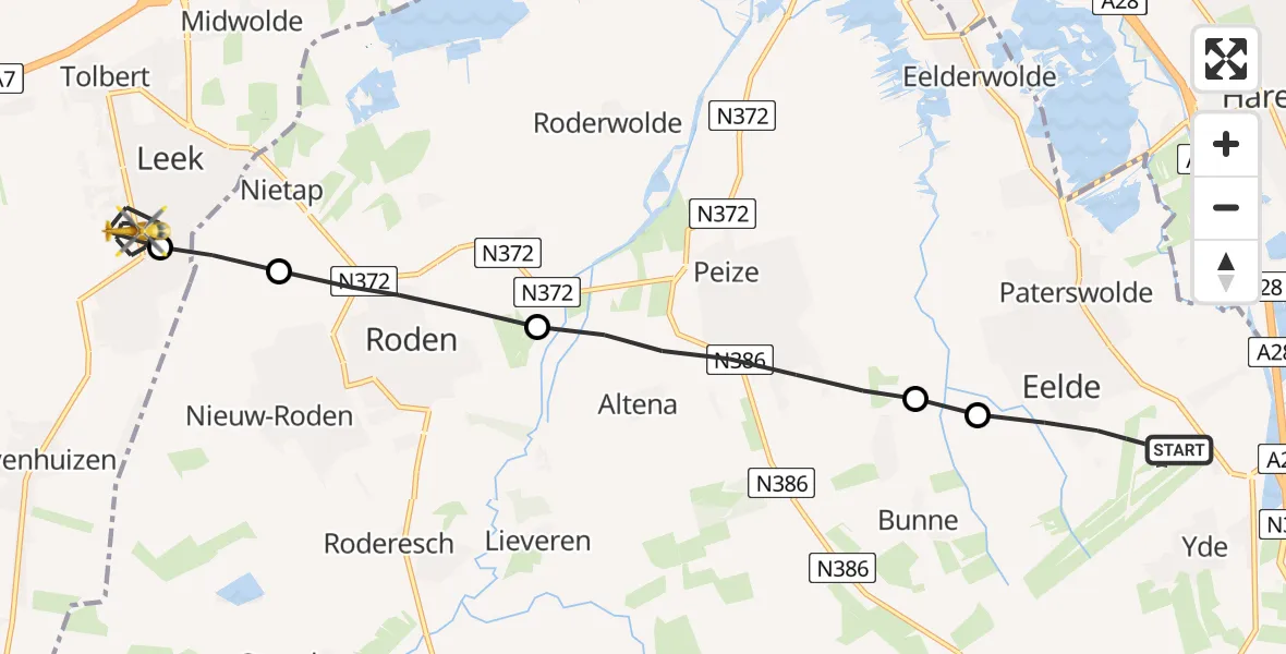 Vluchtroute Traumahelikopter Groningen Airport Eelde - Leek, 07 juli 2022, 08:23