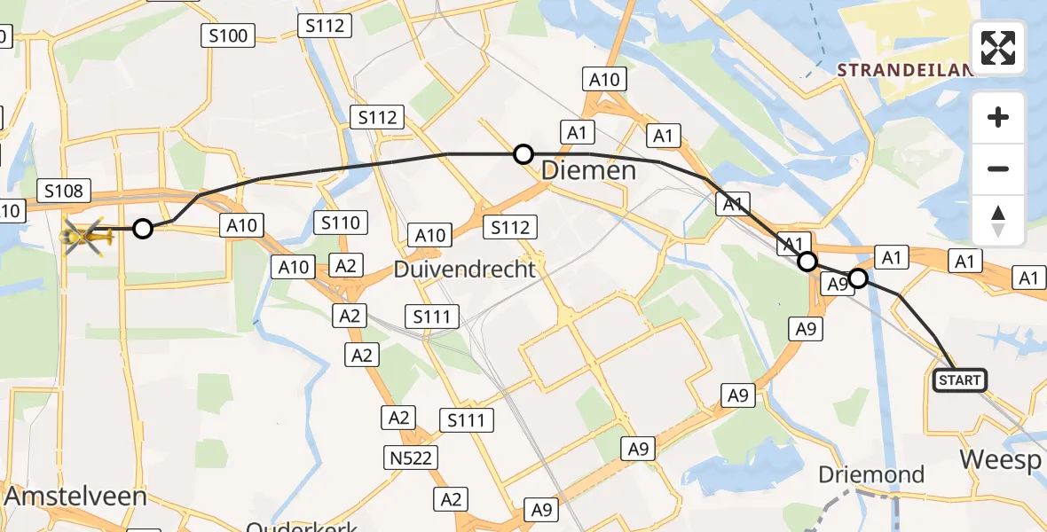 Vluchtroute Traumahelikopter Weesp - VU Medisch Centrum Amsterdam, 07 juli 2022, 08:39