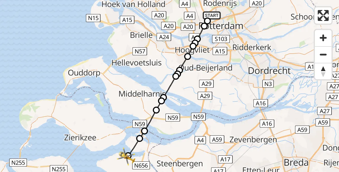 Vluchtroute Traumahelikopter Rotterdam The Hague Airport - Sint-Annaland, 07 juli 2022, 09:19