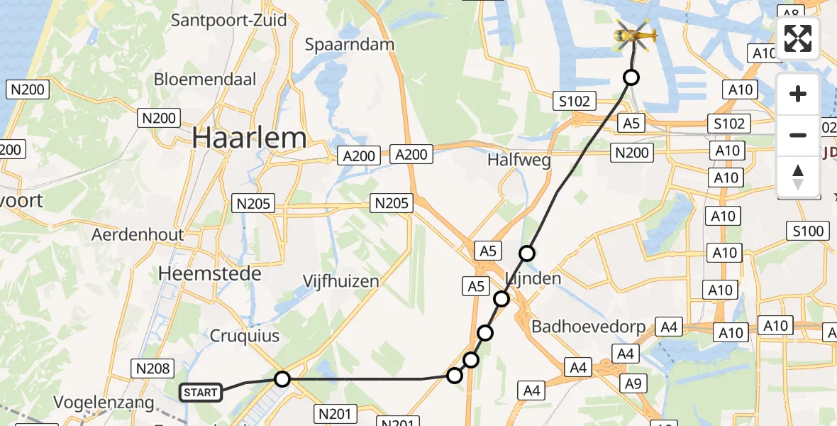 Vluchtroute Traumahelikopter Zwaanshoek - Amsterdam Heliport, 07 juli 2022, 11:26