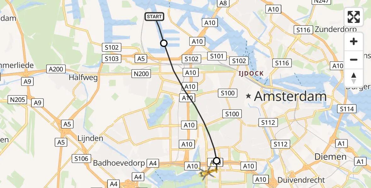 Vluchtroute Traumahelikopter Amsterdam Heliport - VU Medisch Centrum Amsterdam, 07 juli 2022, 11:47