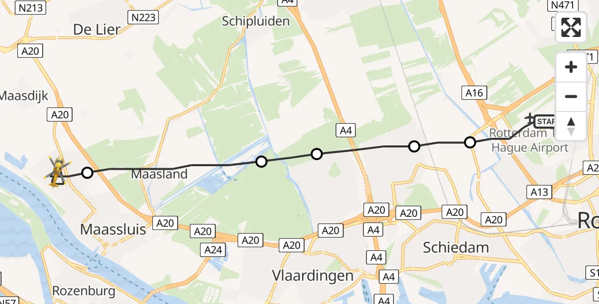 Vluchtroute Traumahelikopter Rotterdam The Hague Airport - Maassluis, 07 juli 2022, 12:17