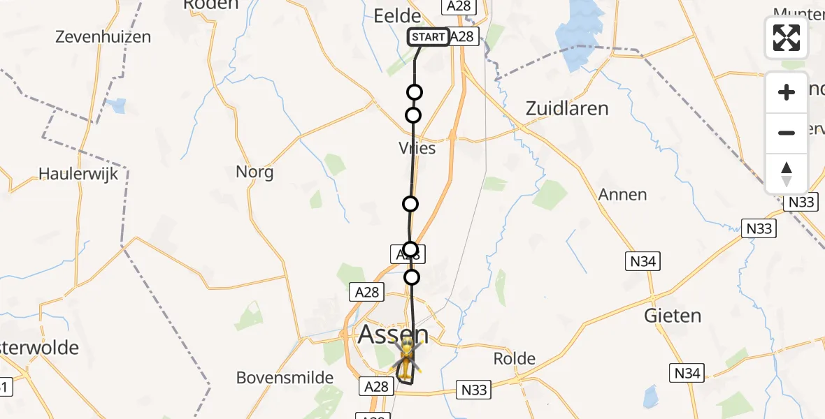 Vluchtroute Traumahelikopter Groningen Airport Eelde - Assen, 07 juli 2022, 12:31
