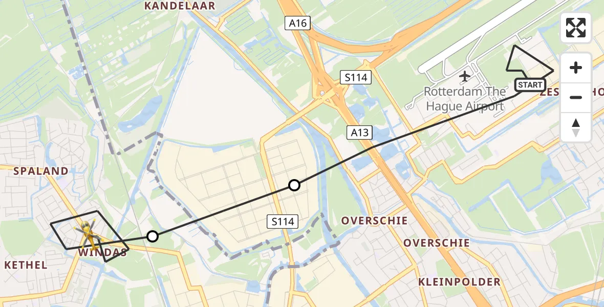 Vluchtroute Traumahelikopter Rotterdam The Hague Airport - Schiedam, 07 juli 2022, 13:25