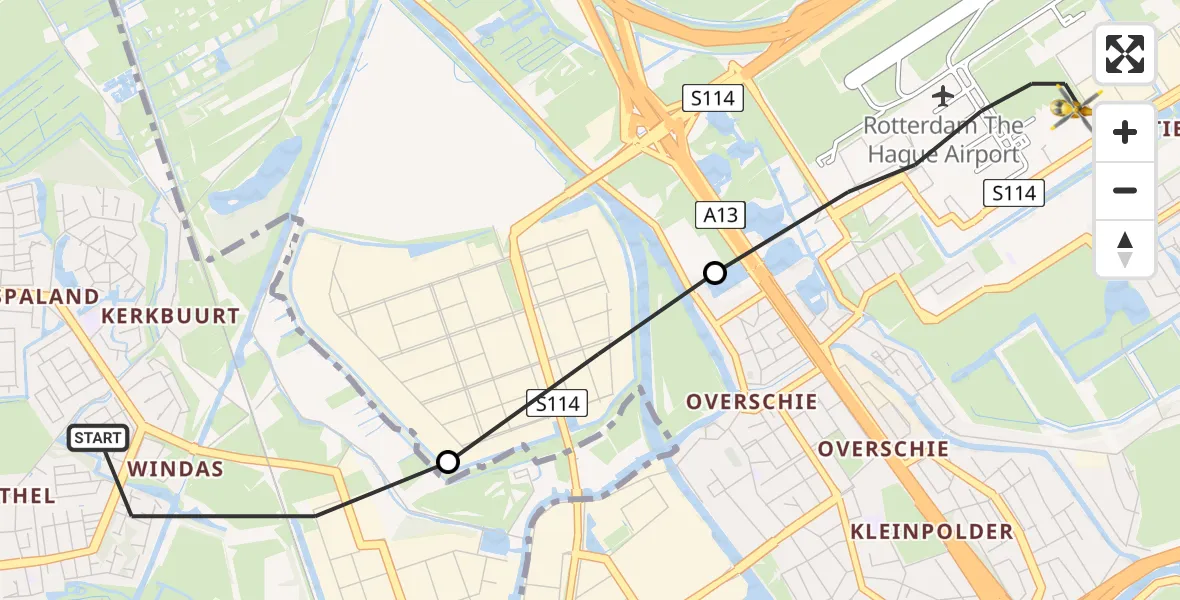 Vluchtroute Traumahelikopter Schiedam - Rotterdam The Hague Airport, 07 juli 2022, 13:49