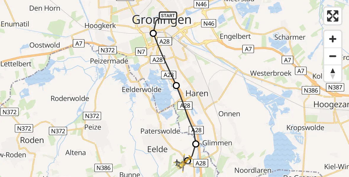 Vluchtroute Traumahelikopter Universitair Medisch Centrum Groningen - Groningen Airport Eelde, 07 juli 2022, 14:09