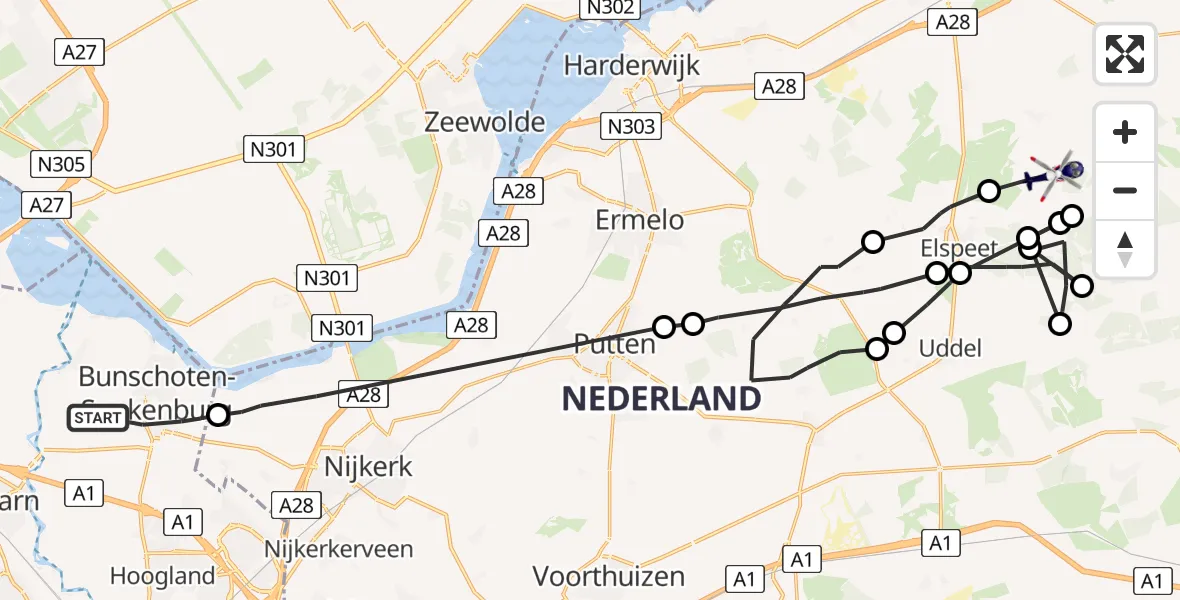 Vluchtroute Politiehelikopter Bunschoten-Spakenburg - Vierhouten, 07 juli 2022, 14:22