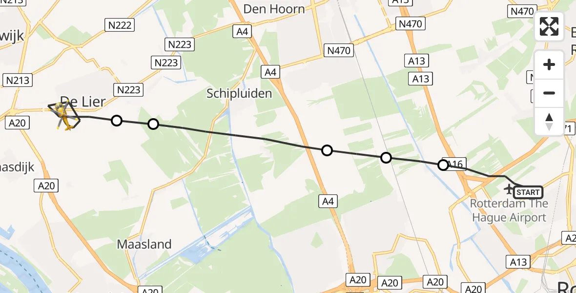 Vluchtroute Traumahelikopter Rotterdam The Hague Airport - De Lier, 07 juli 2022, 17:06