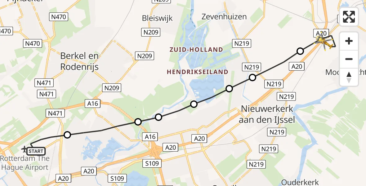 Vluchtroute Traumahelikopter Rotterdam The Hague Airport - Moordrecht, 07 juli 2022, 17:54