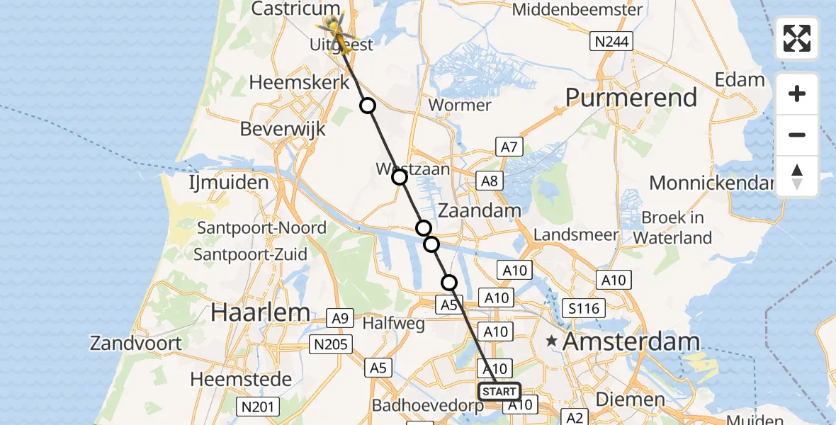 Vluchtroute Traumahelikopter Amsterdam - Uitgeest, 07 juli 2022, 18:37