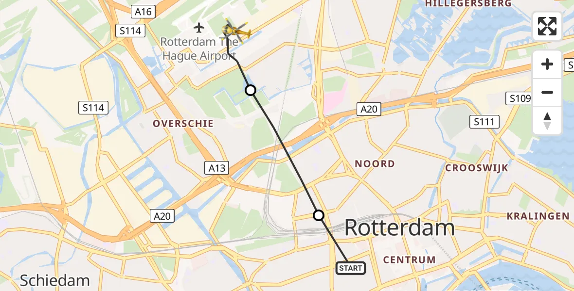 Vluchtroute Traumahelikopter Erasmus MC - Rotterdam The Hague Airport, 07 juli 2022, 18:43