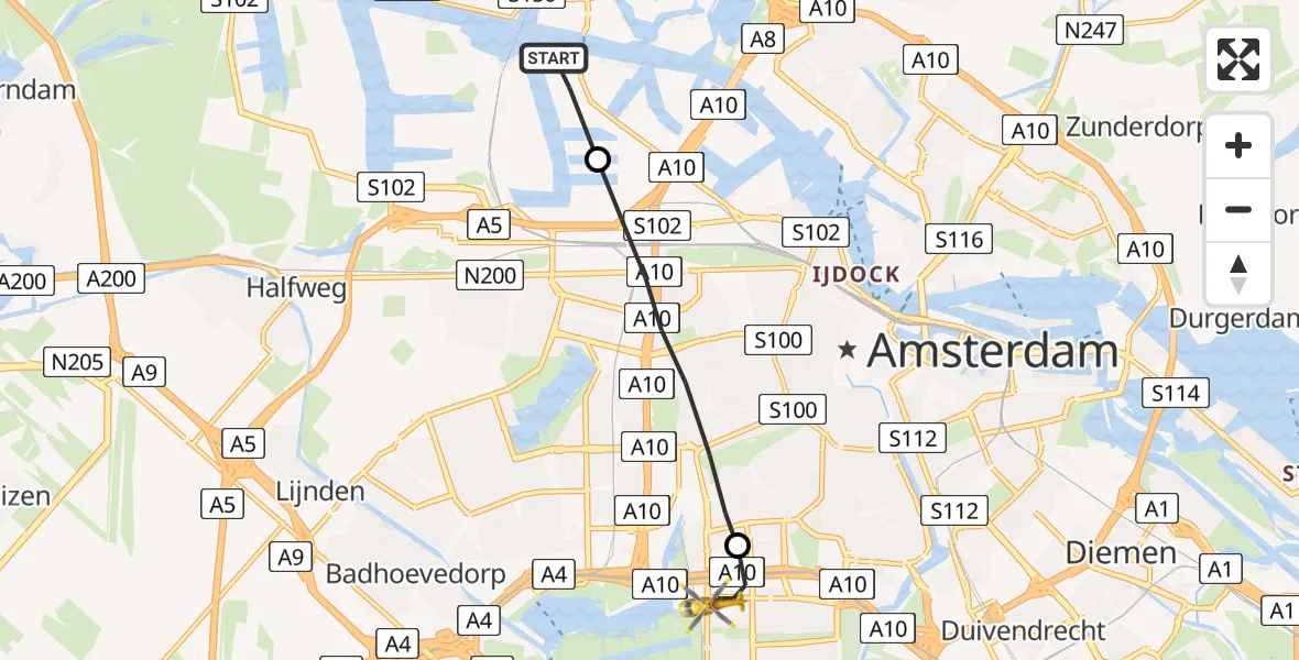Vluchtroute Traumahelikopter Amsterdam Heliport - VU Medisch Centrum Amsterdam, 07 juli 2022, 19:59