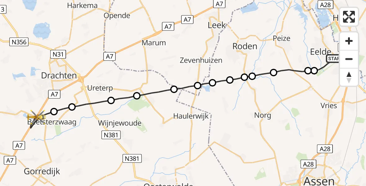 Vluchtroute Traumahelikopter Groningen Airport Eelde - Beetsterzwaag, 07 juli 2022, 21:29