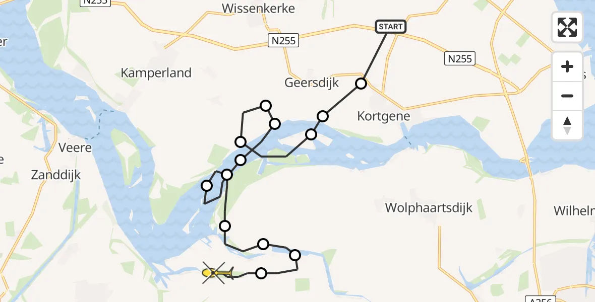 Routekaart van de vlucht: Politieheli naar Vliegveld Midden-Zeeland