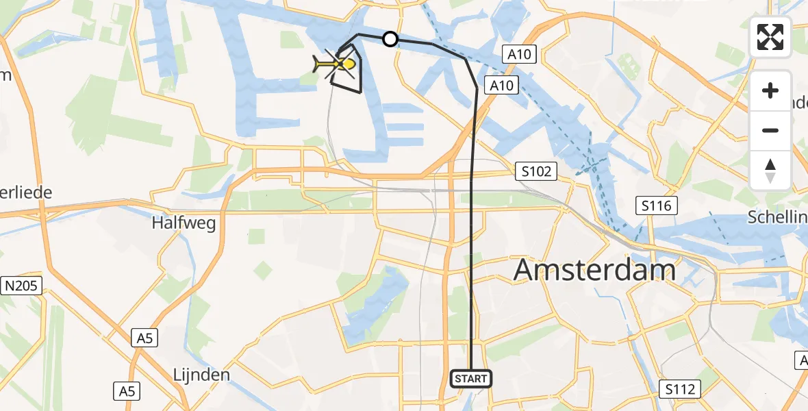 Routekaart van de vlucht: Lifeliner 1 naar Amsterdam Heliport