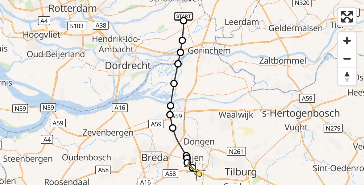 Routekaart van de vlucht: Politieheli naar Vliegbasis Gilze-Rijen