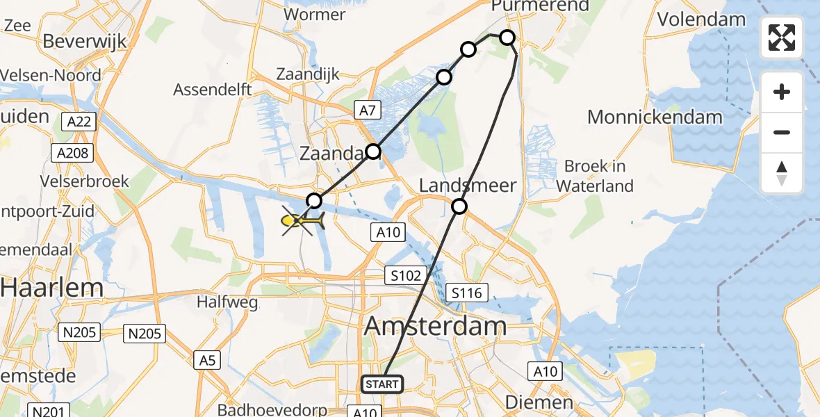 Routekaart van de vlucht: Lifeliner 1 naar Amsterdam Heliport