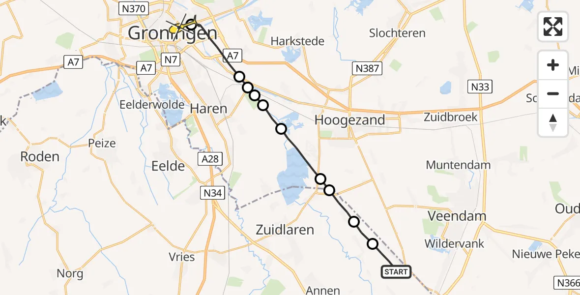 Routekaart van de vlucht: Lifeliner 4 naar Universitair Medisch Centrum Groningen