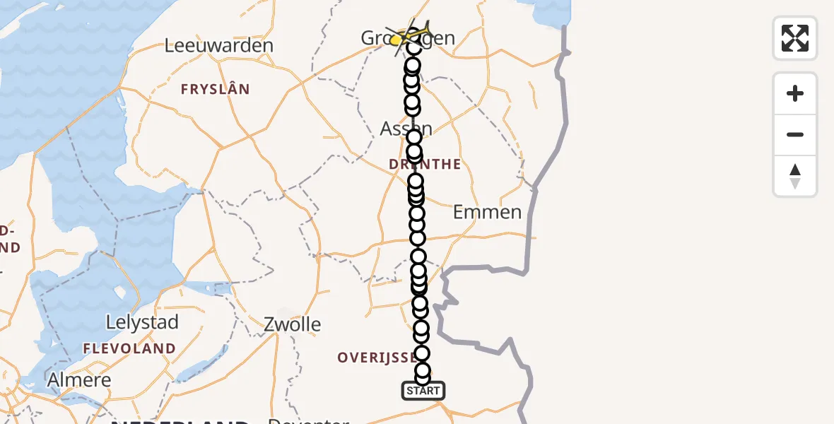 Routekaart van de vlucht: Lifeliner 4 naar Universitair Medisch Centrum Groningen