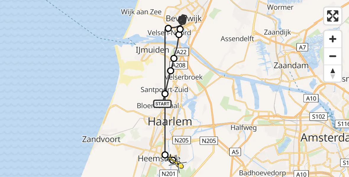 Routekaart van de vlucht: Politieheli naar Haarlem