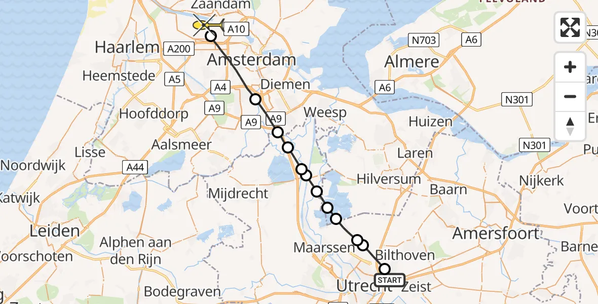 Routekaart van de vlucht: Lifeliner 1 naar Amsterdam Heliport