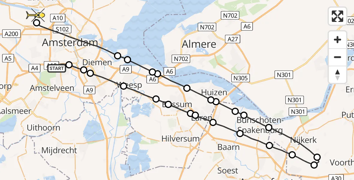 Routekaart van de vlucht: Lifeliner 1 naar Amsterdam Heliport