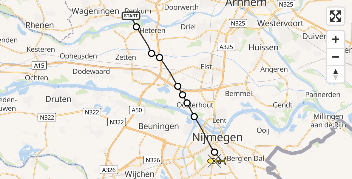 Routekaart van de vlucht: Lifeliner 3 naar Radboud Universitair Medisch Centrum