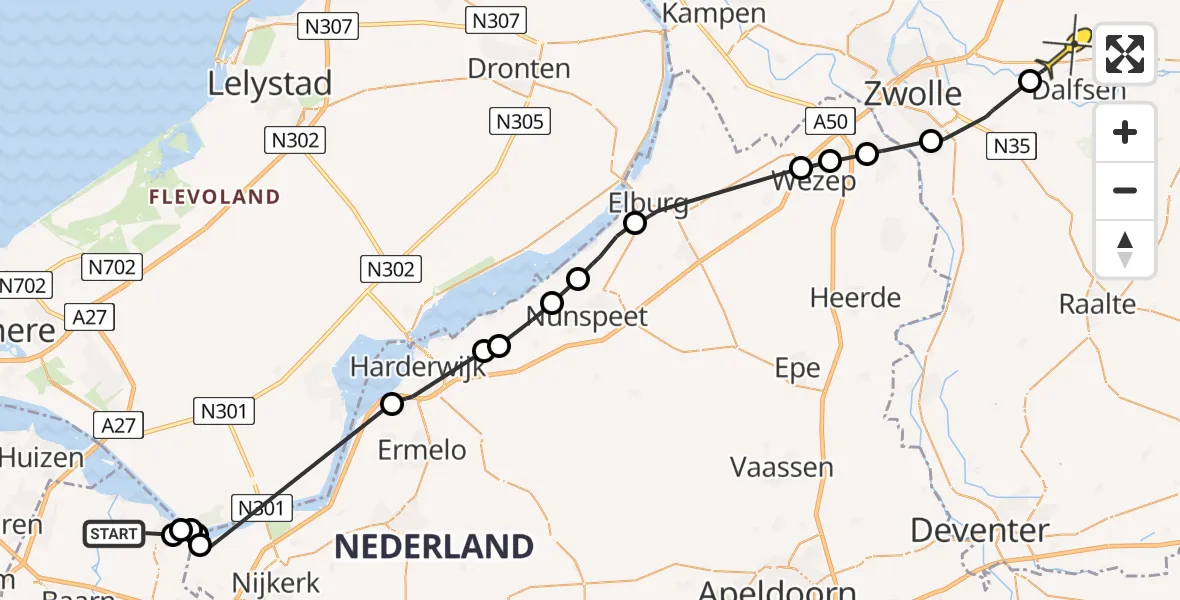 Routekaart van de vlucht: Politieheli naar Dalfsen