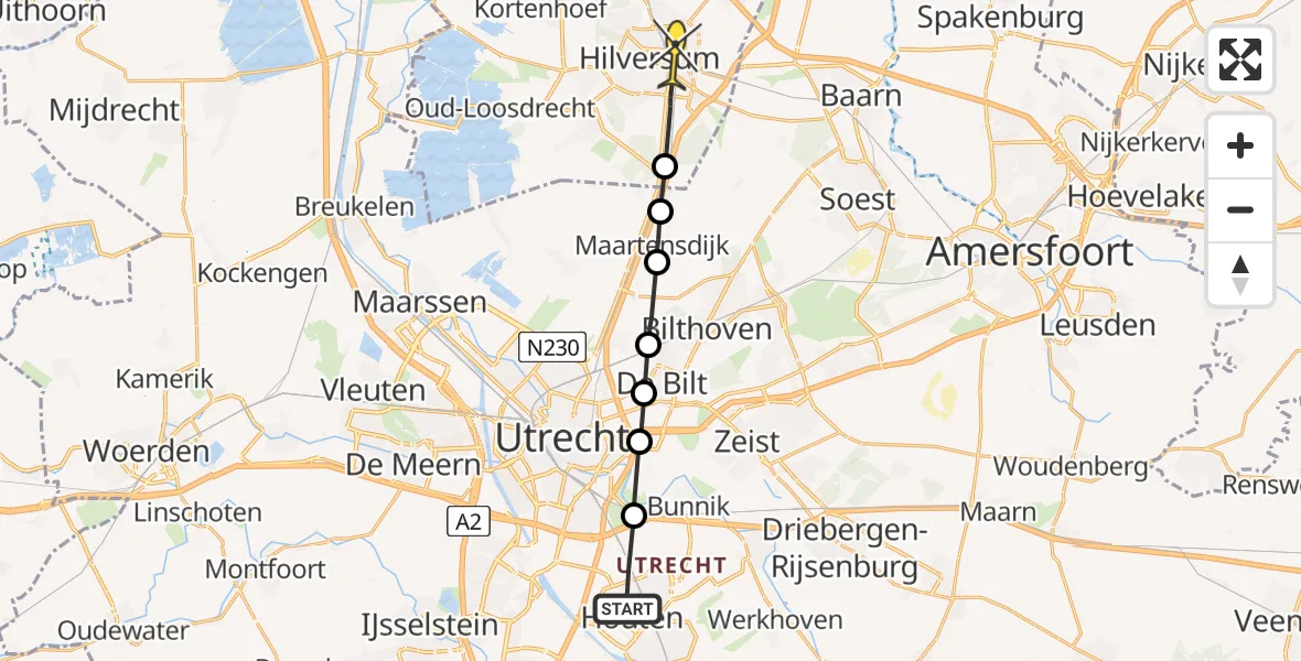 Routekaart van de vlucht: Politiehelikopter naar Hilversum