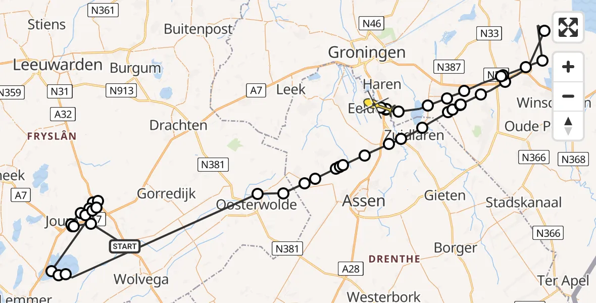 Routekaart van de vlucht: Politieheli naar Eelde