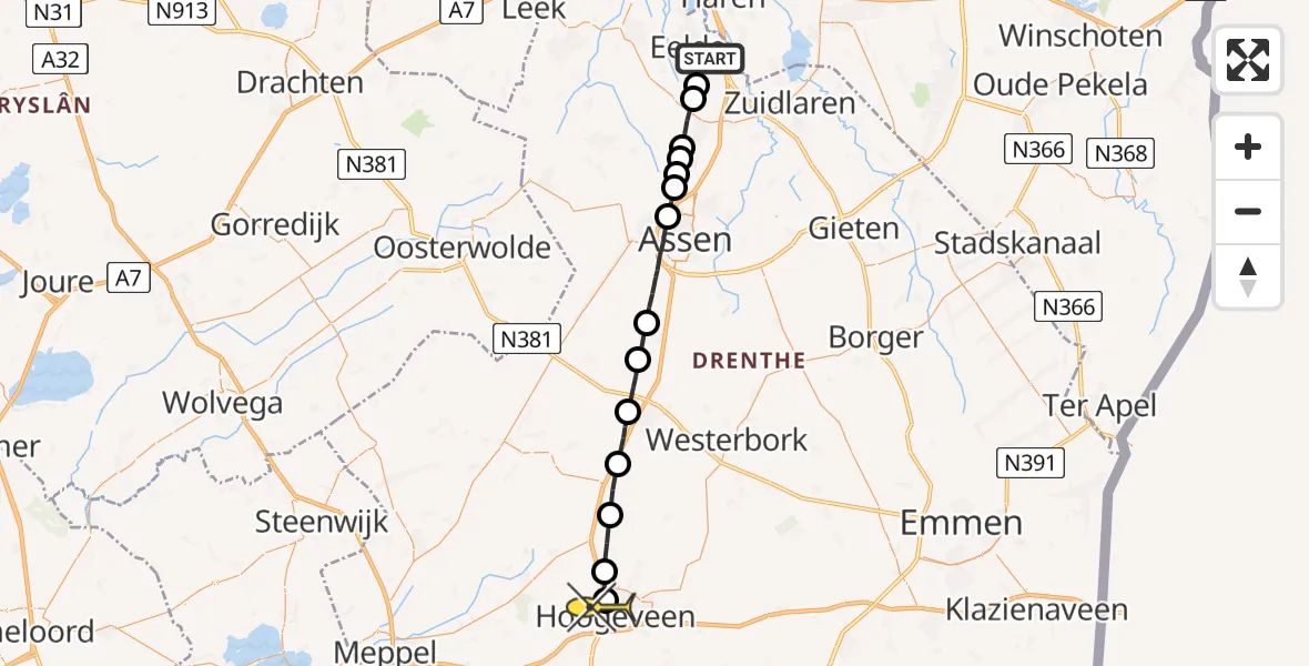 Routekaart van de vlucht: Lifeliner 4 naar Hoogeveen