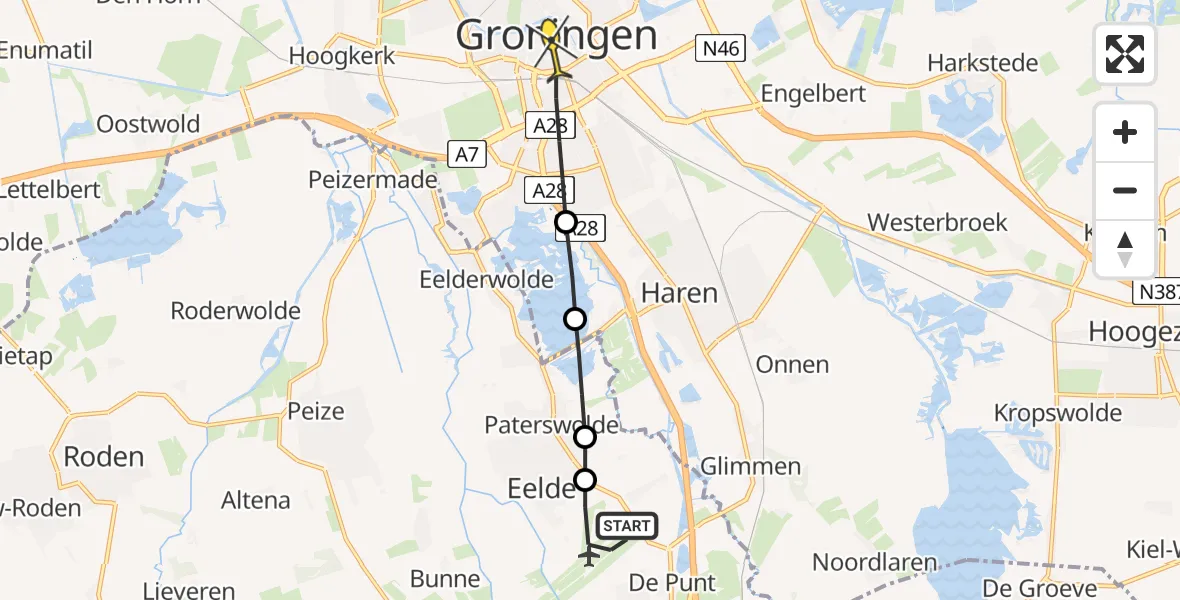 Routekaart van de vlucht: Lifeliner 4 naar Universitair Medisch Centrum Groningen