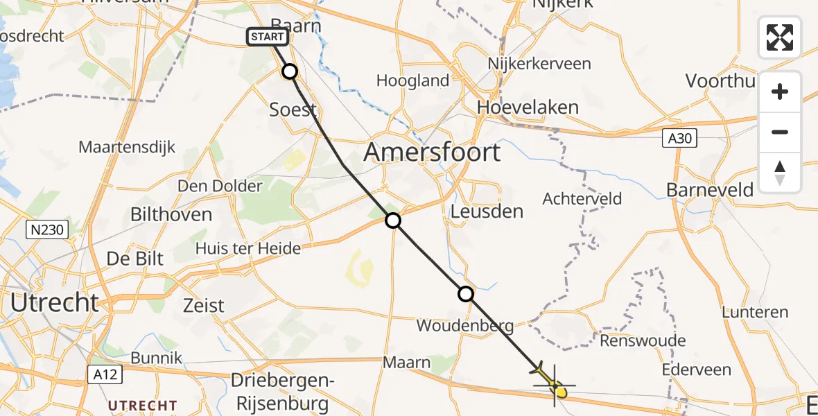 Routekaart van de vlucht: Politieheli naar Woudenberg