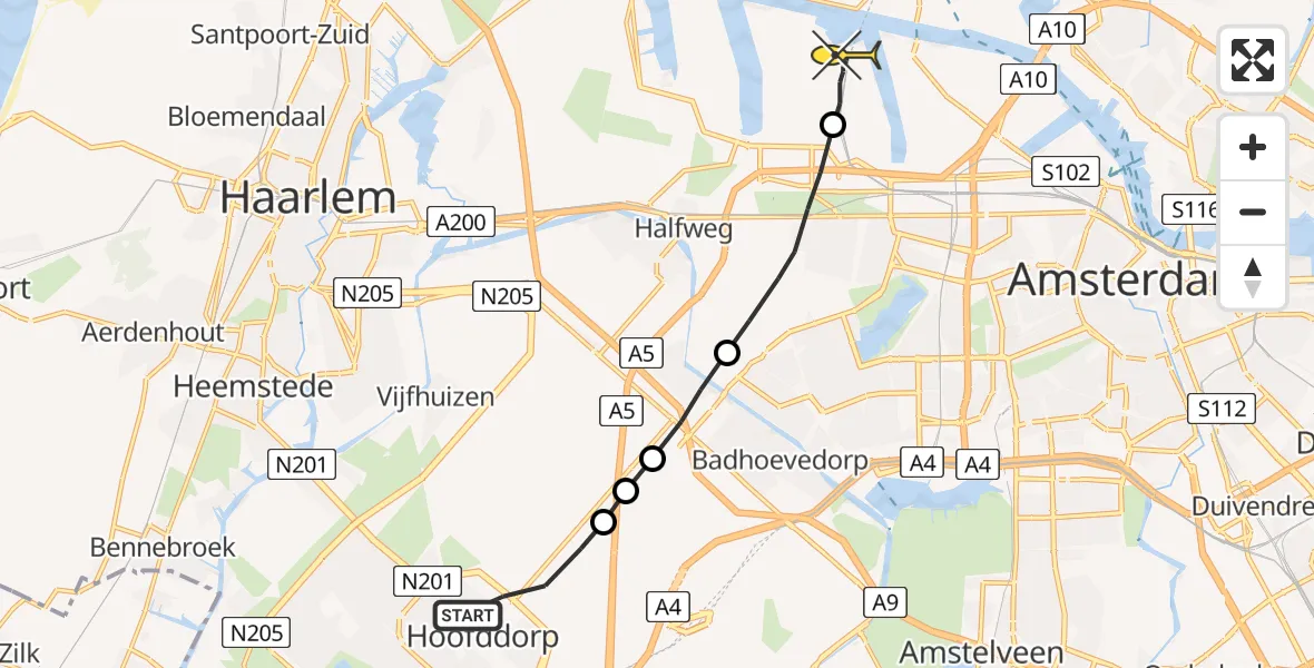 Routekaart van de vlucht: Lifeliner 1 naar Amsterdam Heliport