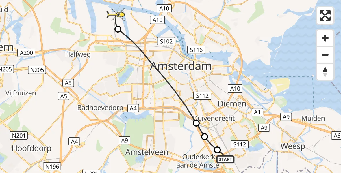 Routekaart van de vlucht: Lifeliner 1 naar Amsterdam Heliport