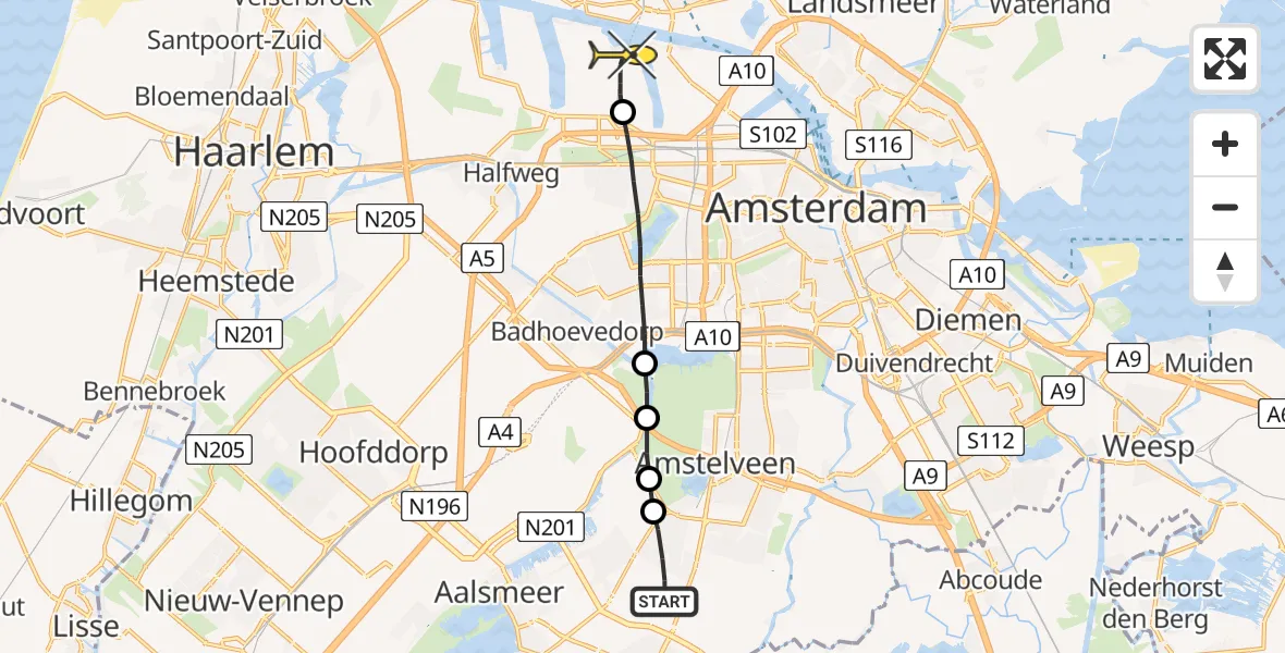 Routekaart van de vlucht: Lifeliner 1 naar Amsterdam Heliport