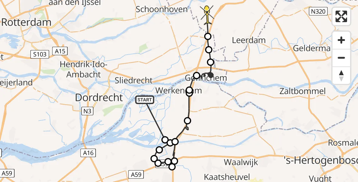 Routekaart van de vlucht: Politieheli naar Meerkerk