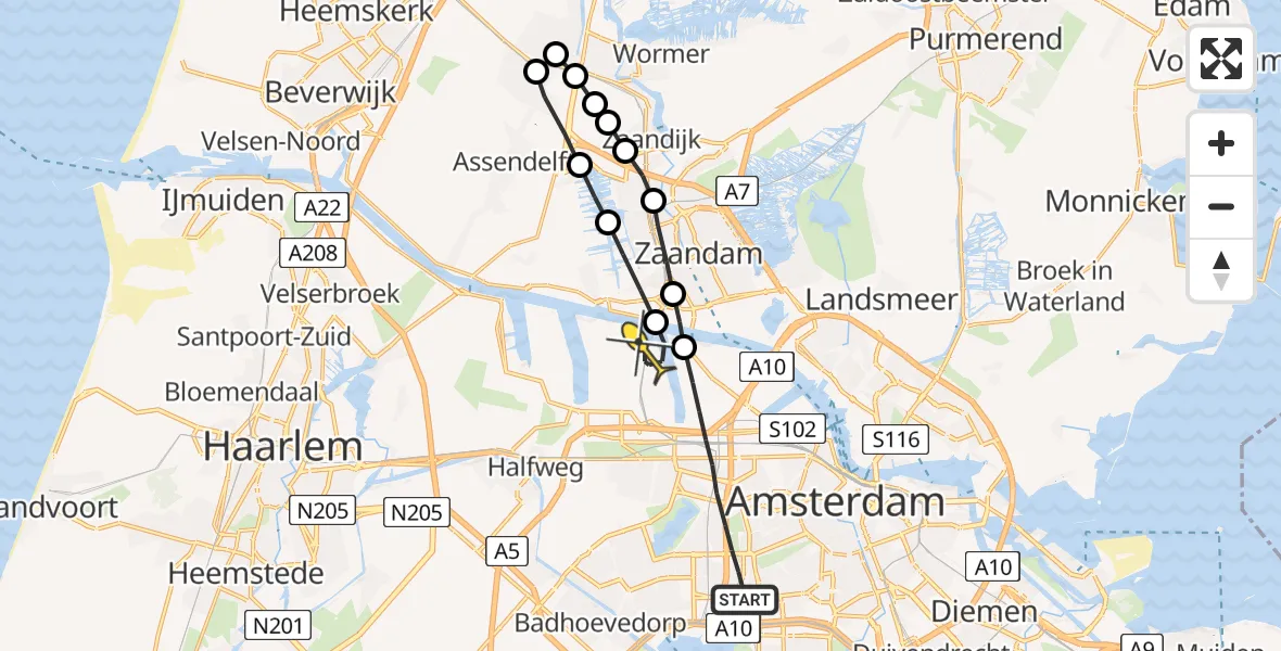 Routekaart van de vlucht: Lifeliner 1 naar Amsterdam Heliport