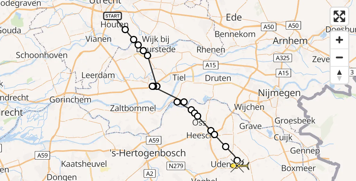 Routekaart van de vlucht: Politieheli naar Vliegbasis Volkel