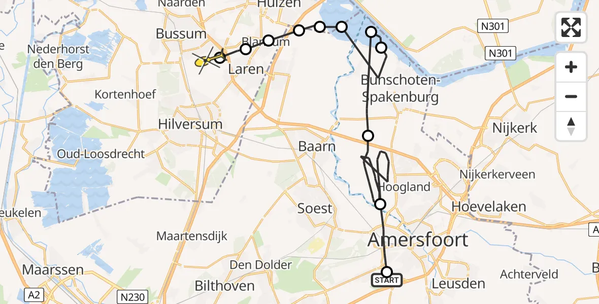 Routekaart van de vlucht: Politieheli naar Hilversum